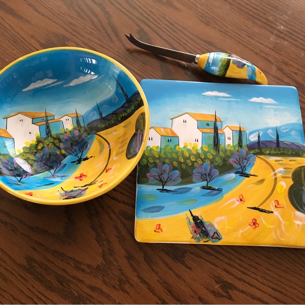 Hand-Painted Blue & Yellow Ceramic Dinnerware Serving Set